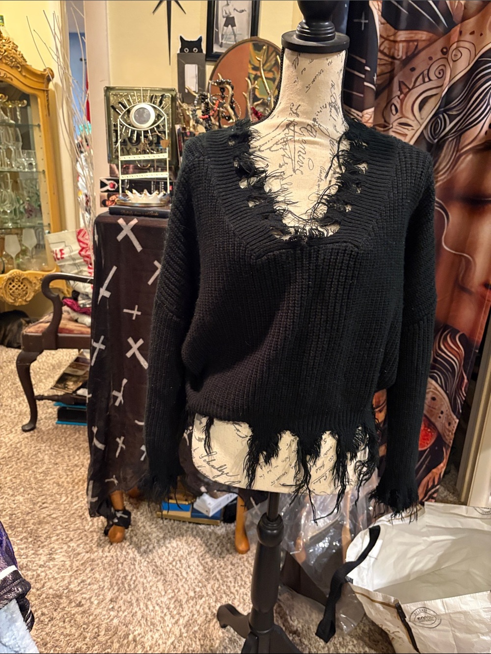 SHEIN Black Distressed V-Neck Knit Sweater